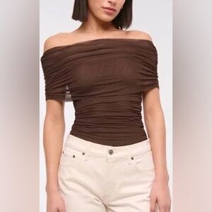 Abercrombie & Fitch Chocolate Brown Off-Shoulder Ruched Crop Top